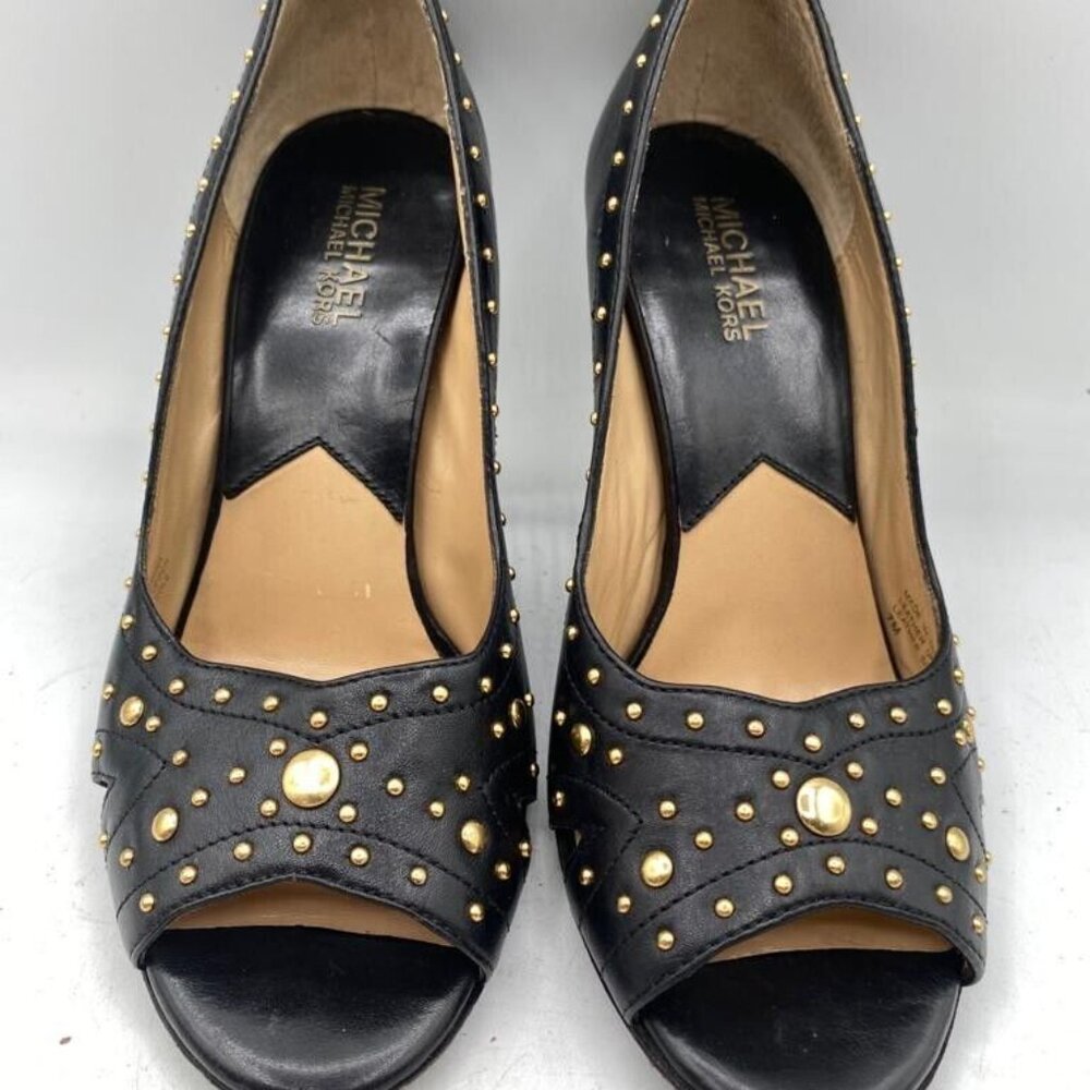 Michael Kors Size 7 M Peep Toe Sandals Cut Out Gold Studded Black Leather